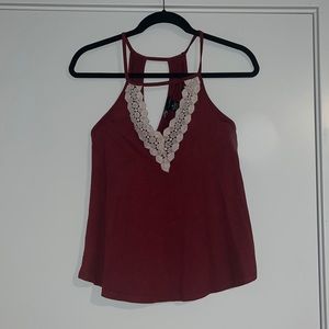 Burgundy tank top with lace detail